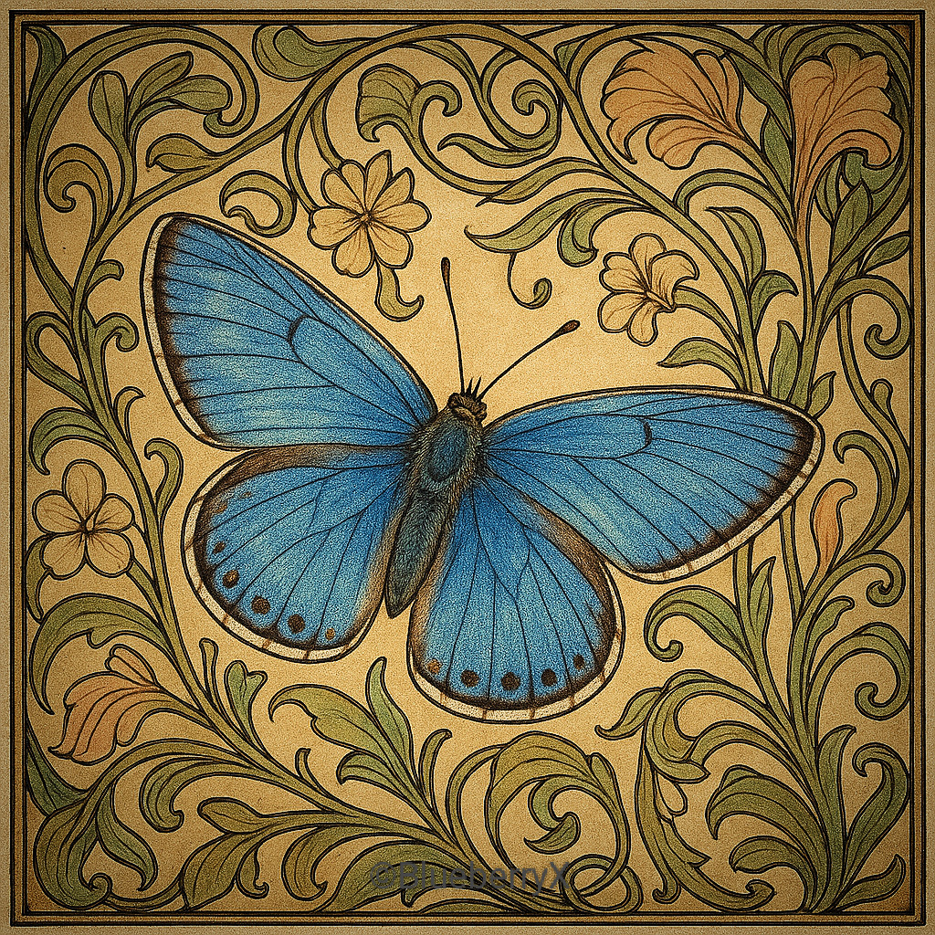 Blue butterfly with ornate floral scroll patterns on aged background