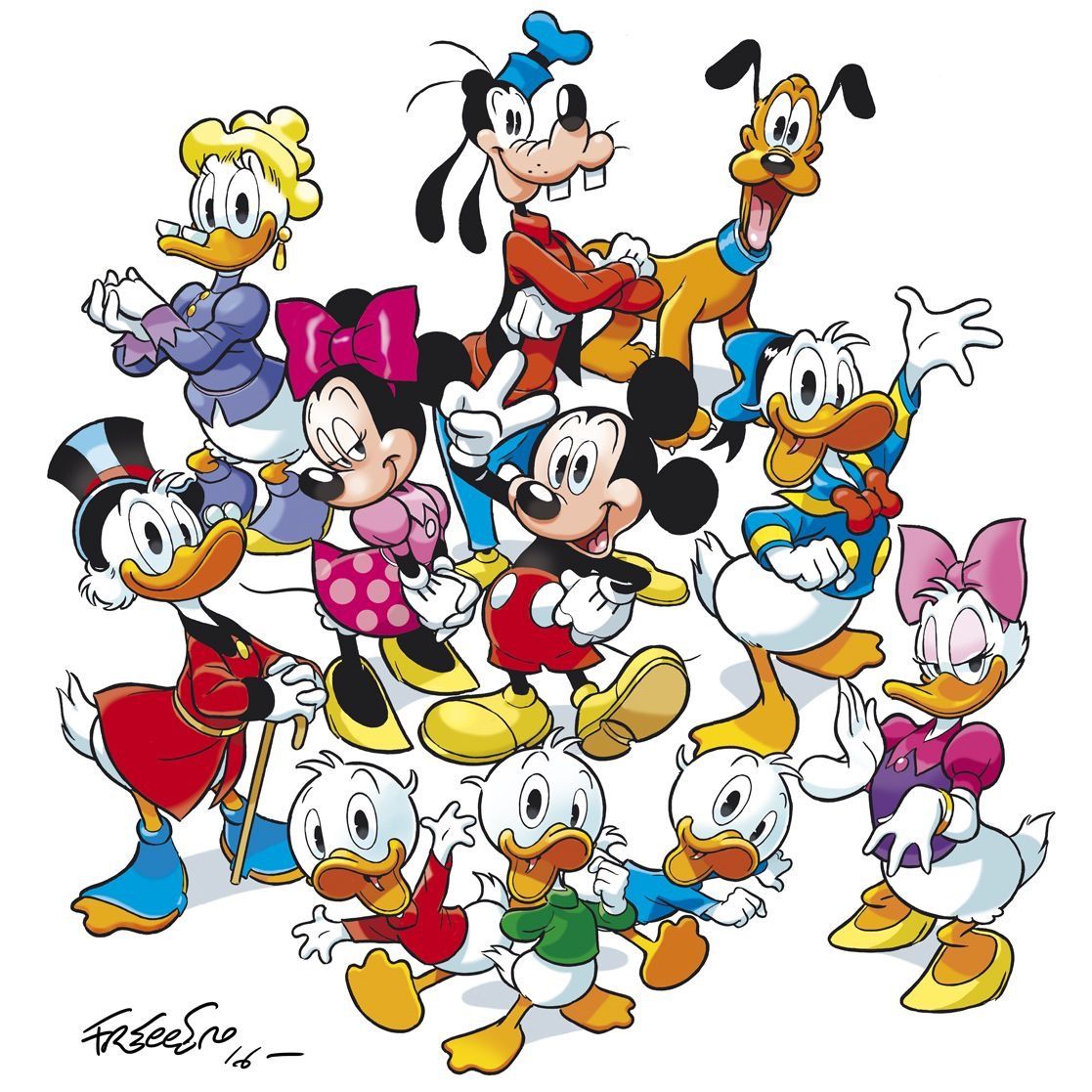 Group illustration of classic Disney cartoon characters including Mickey Mouse, Donald Duck, Goofy and others