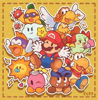 Cartoon collage of Mario and several colorful game characters on a yellow background