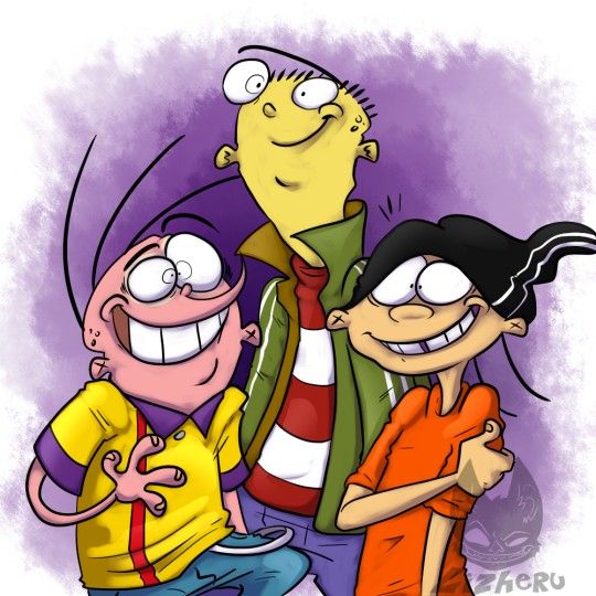 Three smiling cartoon boys in colorful outfits posing together on purple background