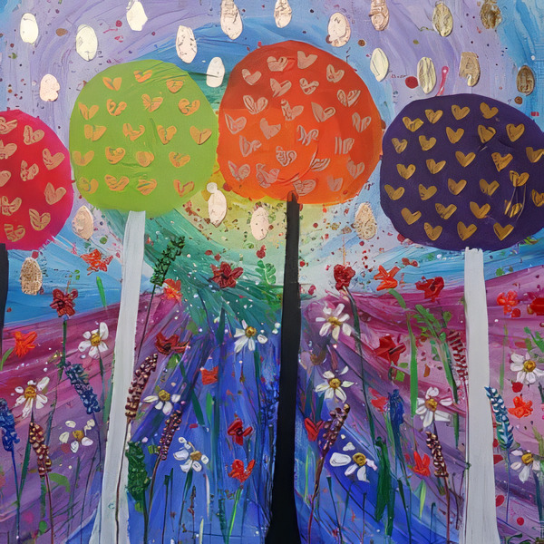 Colorful painting of round trees with hearts above a field of wildflowers in folk art style