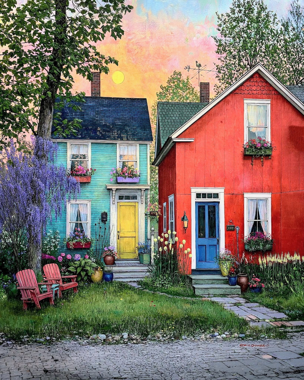 Colorful Houses with Blooming Flowers