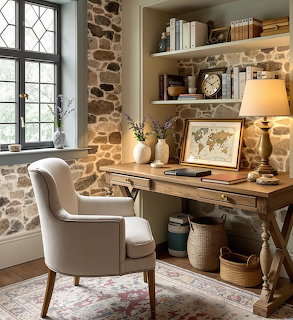 Cozy cottage home office with wooden desk, cream armchair, stone wall, and floating shelves