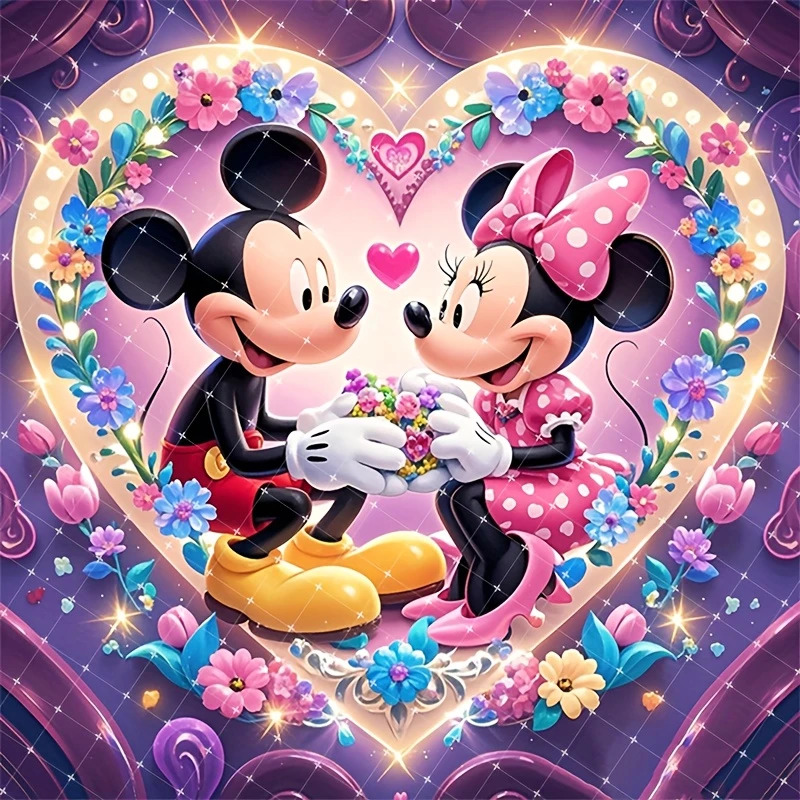 Mickey and Minnie Mouse holding flowers inside a heart-shaped floral wreath on purple background