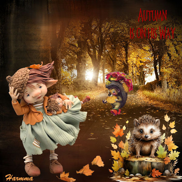 Illustrated girl with pumpkin and hedgehog surrounded by autumn leaves and golden trees in fantasy scene
