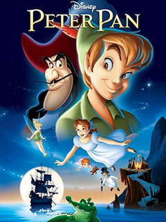 Disney Peter Pan movie poster with Peter Pan, Captain Hook, Tinker Bell and Wendy flying over Neverland