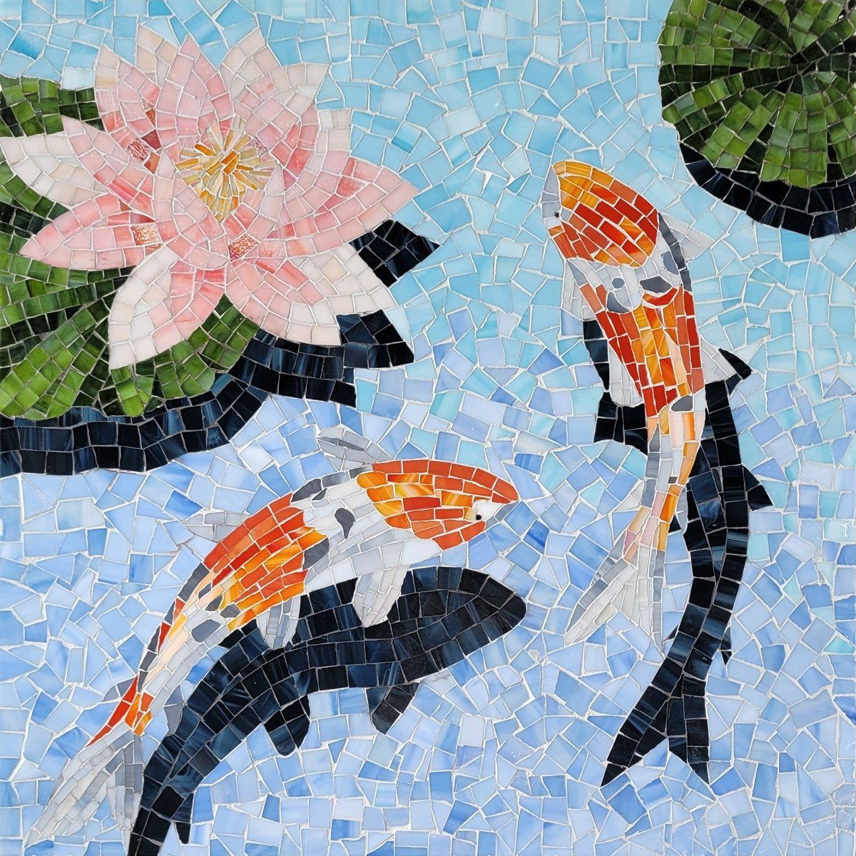 Mosaic of two koi fish with pink lotus flower and lily pads in blue water made from colorful glass tiles