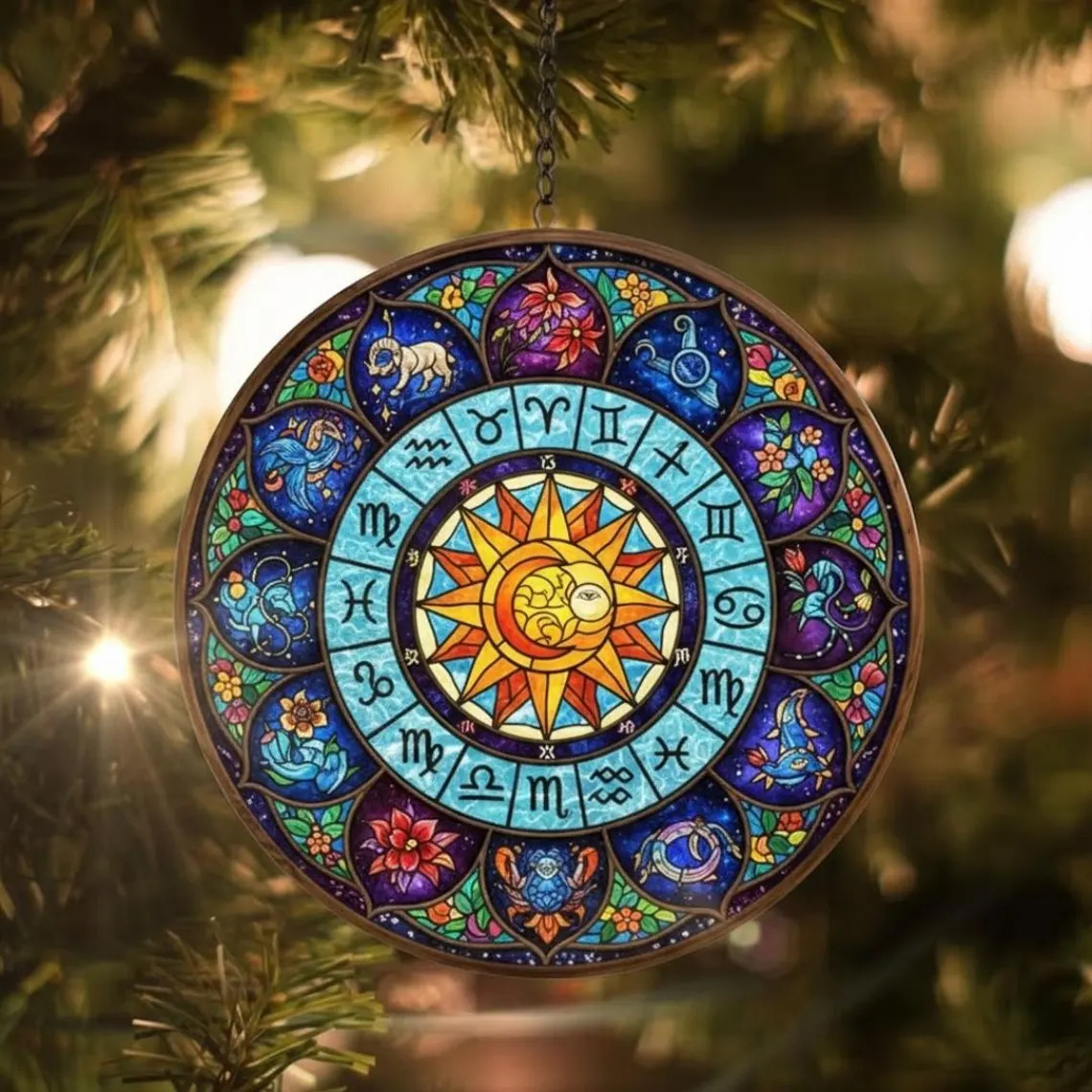 Colorful zodiac suncatcher ornament hanging on a Christmas tree branch