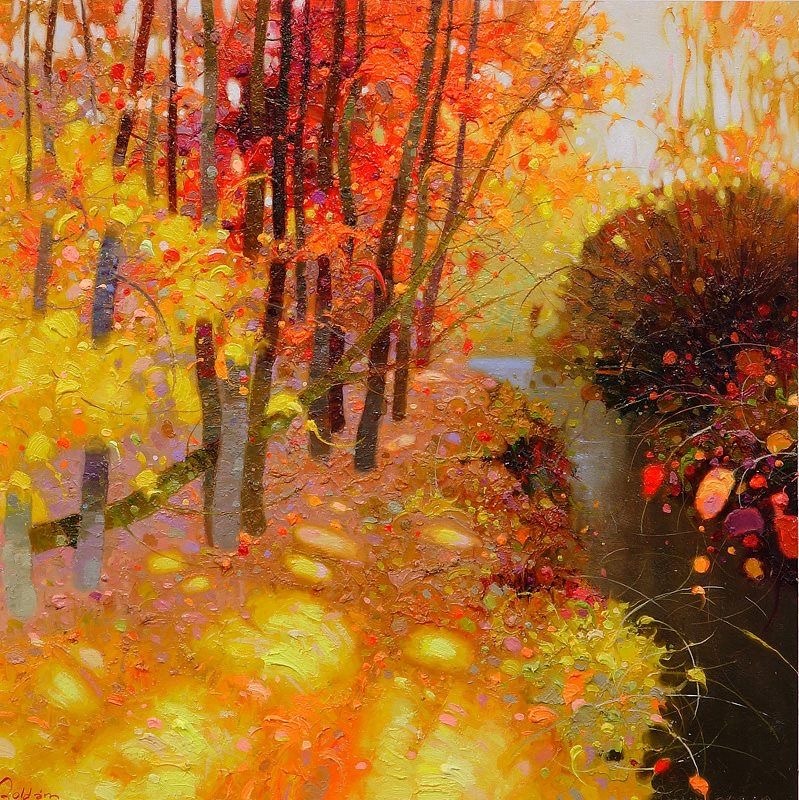 Impressionistic painting of autumn trees and a leaf-covered path with bright orange and yellow foliage