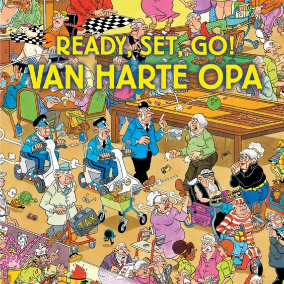 Colorful cartoon of crowded indoor birthday party with grandpa, family, children, pets, balloons and presents