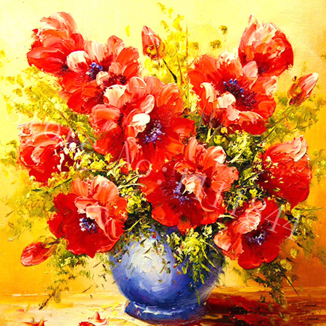 Oil painting of red poppies and yellow flowers in blue vase on golden background