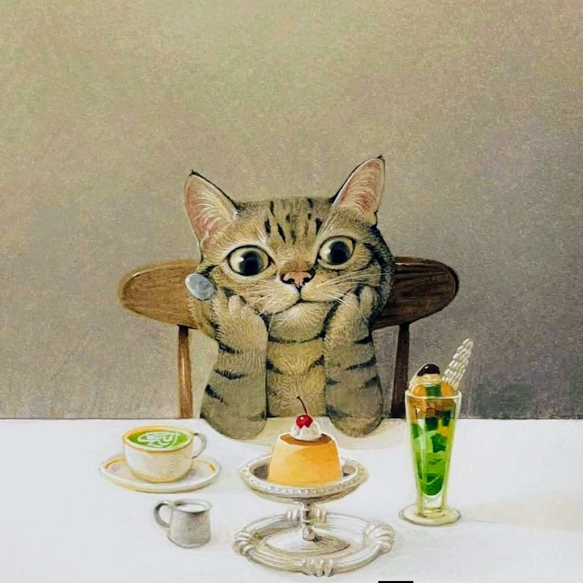 Painting of bored tabby cat with paws on face sitting at table with cake, coffee, and green drink