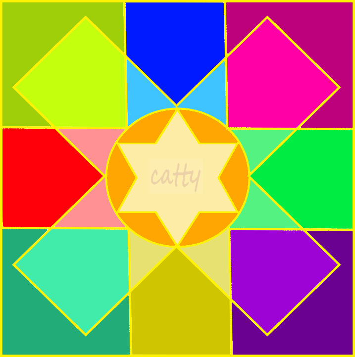Geometric pattern with central star surrounded by colorful squares and diamonds in bright hues