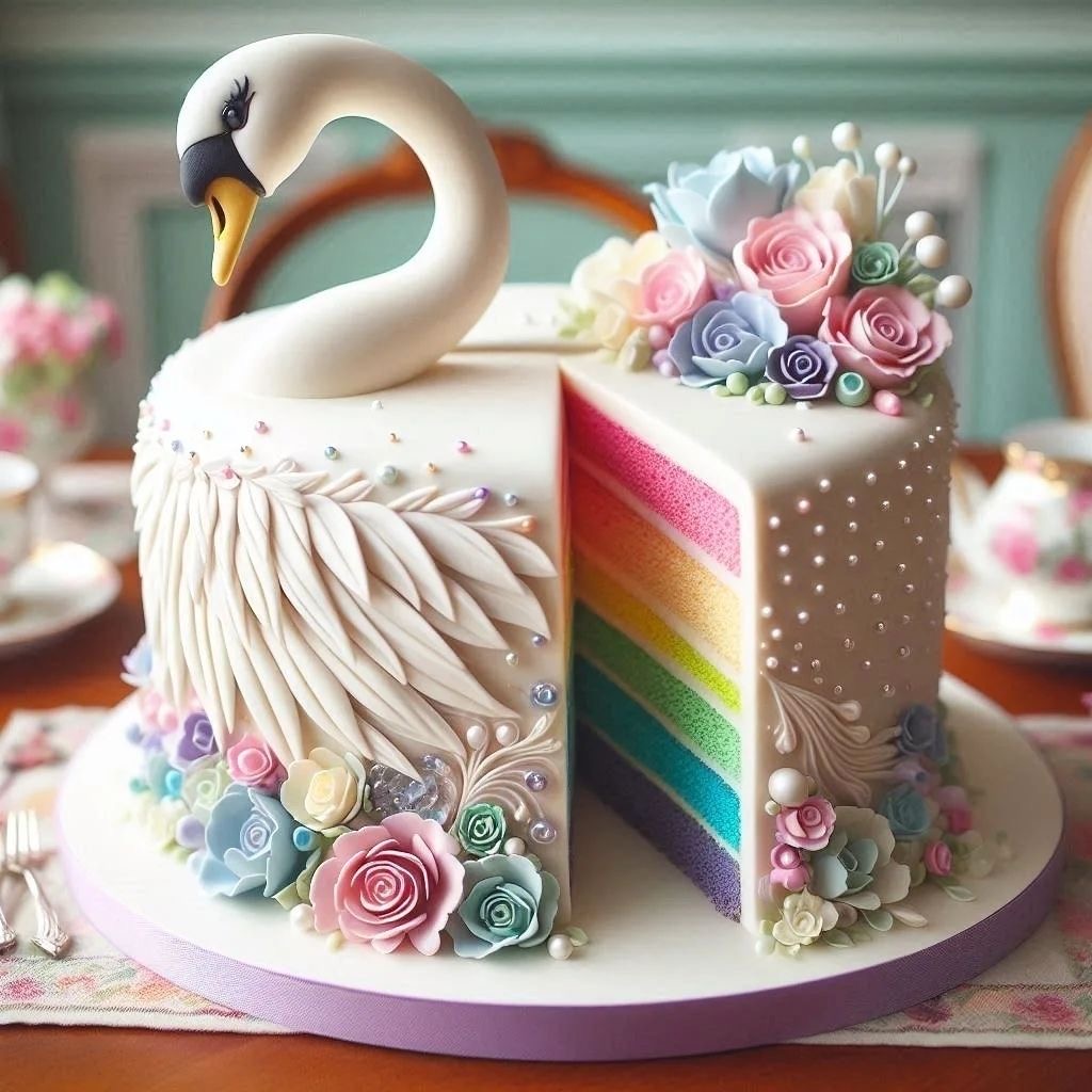 Swan-shaped cake with rainbow layers, pastel roses, pearls, and white feather-like frosting