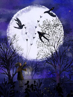 Black ravens flying across a bright full moon in a purple twilight sky above a dark forest with a cottage