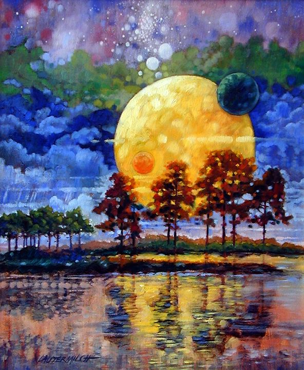 Vibrant painting of giant moon over lake with trees and starry sky