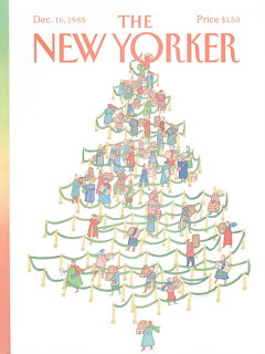 Illustrated Christmas tree with many colorful ornaments, presents, and small people on white tiered branches