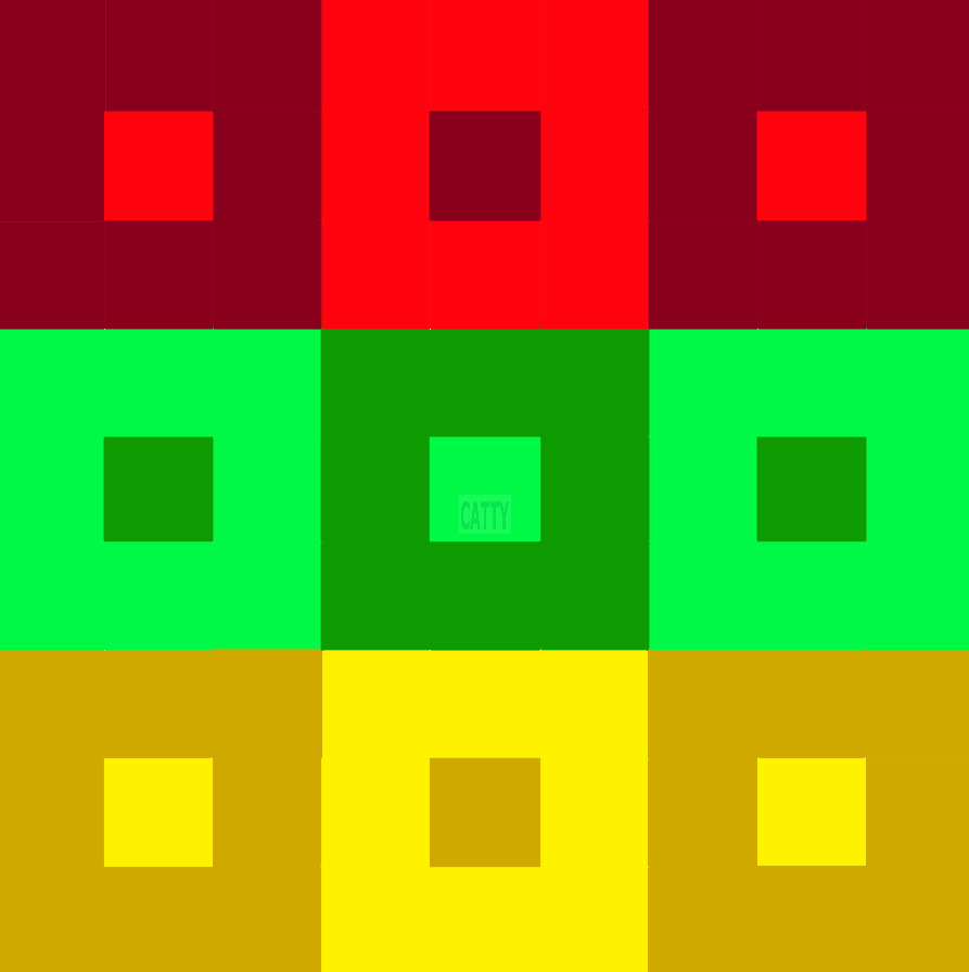 Abstract geometric pattern of red, green, and yellow squares in a grid with nested squares creating depth