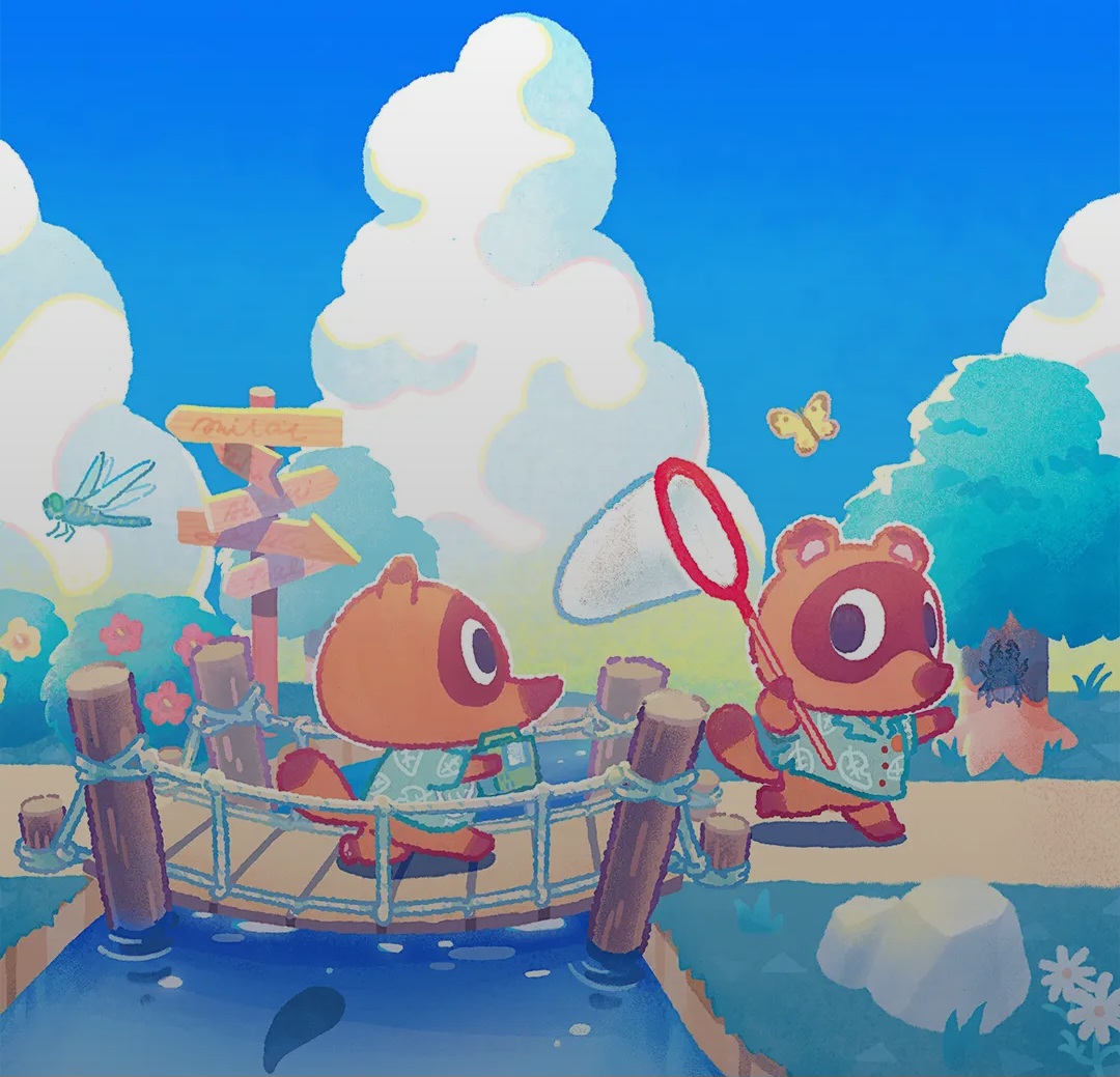 Two cartoon animal characters by a river, one in a boat and one holding a butterfly net under cloudy skies