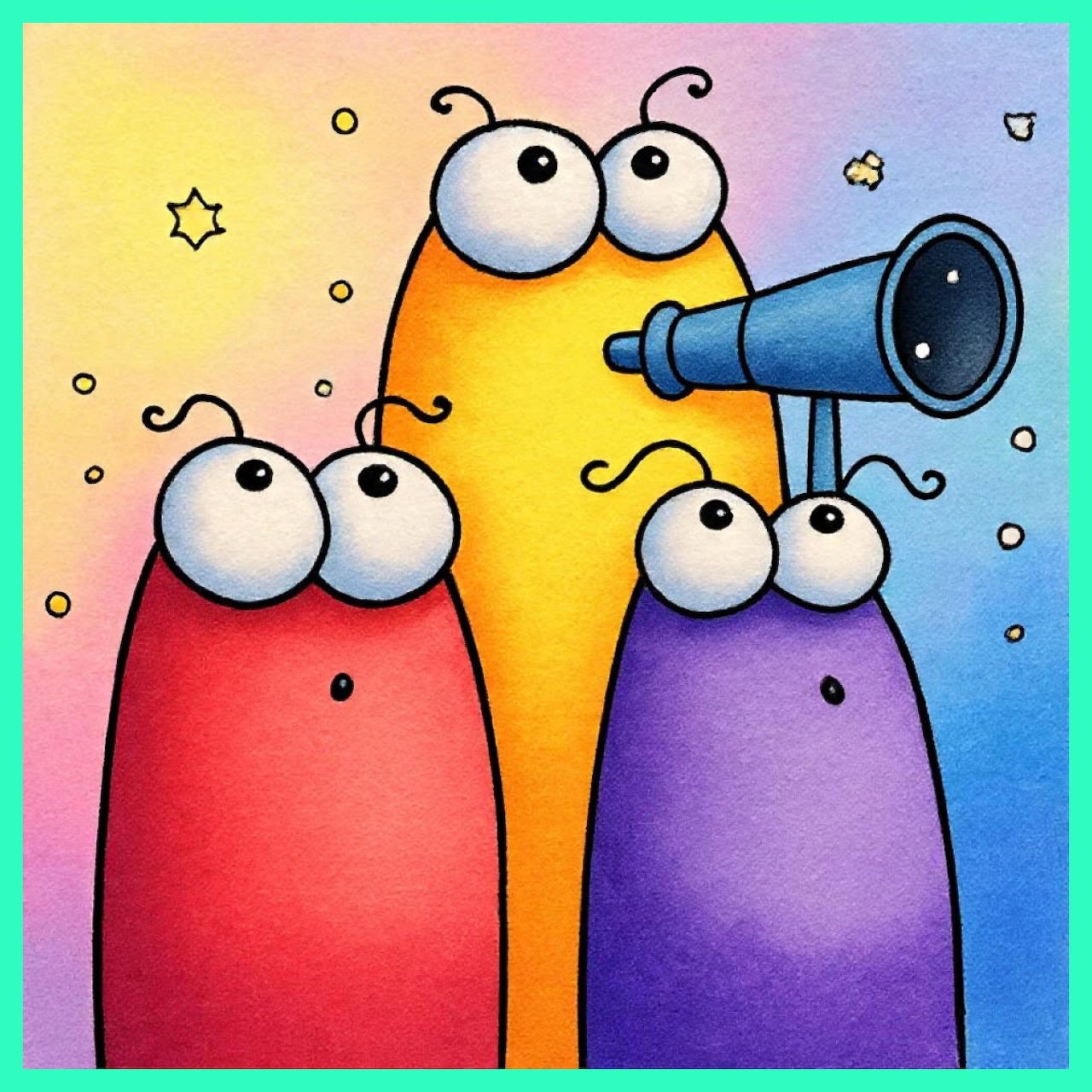 Three colorful cartoon creatures looking through a blue telescope on a rainbow background.