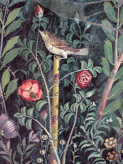 Pompeii fresco showing nightingale on post with pink and red flowers and green leaves on dark background