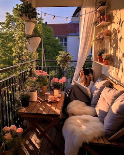 Cozy balcony with hanging plants, pink flowers, cushions, string lights, and a person reading