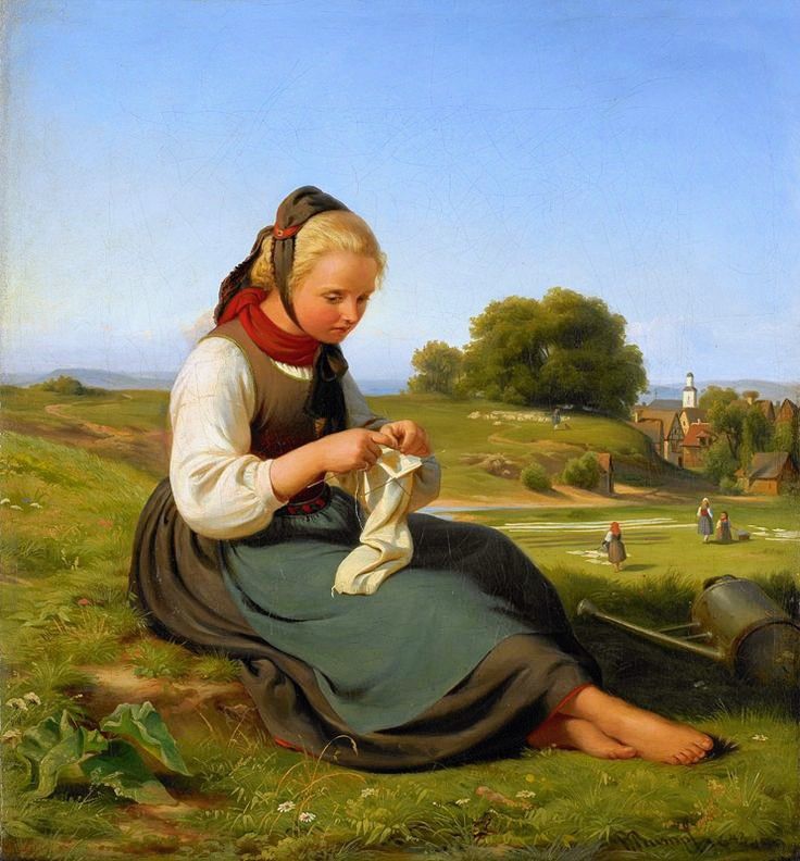 Girl Sewing in Countryside