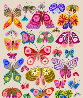 Collection of colorful decorative butterflies with intricate patterns and flowers