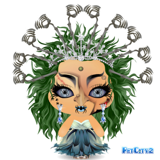 Stylized witch portrait with green hair, jeweled crown, large eyes, and blue feathered dress on white background