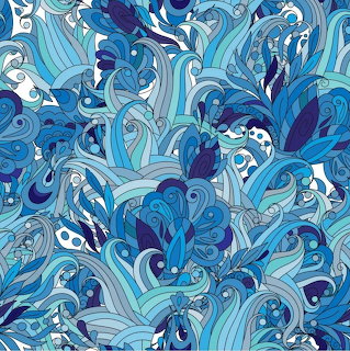 Abstract blue swirling pattern with layered curving shapes and floral-like details
