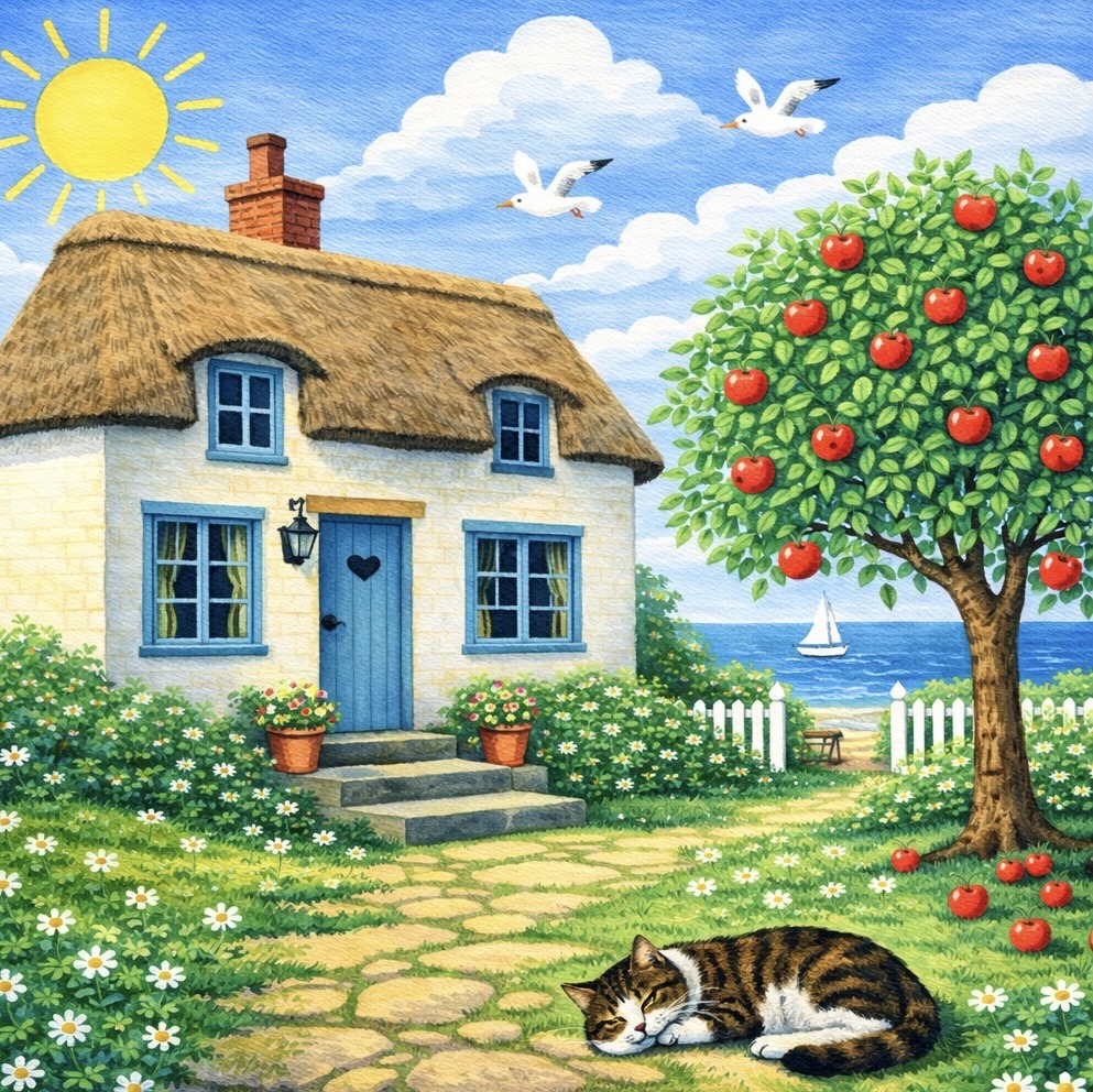 Illustrated seaside cottage with an apple tree, flowers, and a sleeping cat in the yard