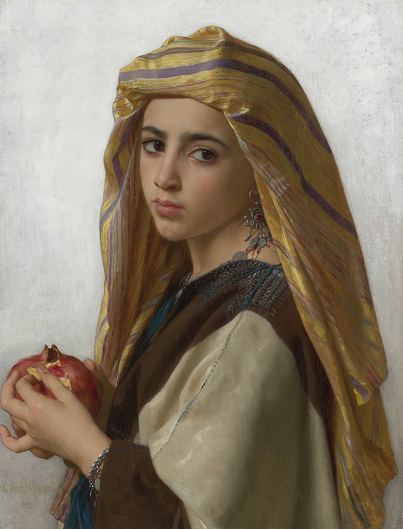 Classical painting of a young girl wearing a golden headscarf holding a pomegranate, by William Bouguereau