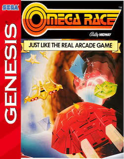 Sega Genesis box art for Omega Race by Bally Midway with spaceships and geometric shapes
