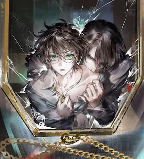 Anime illustration of two young men in a cracked mirror, one holding the other from behind