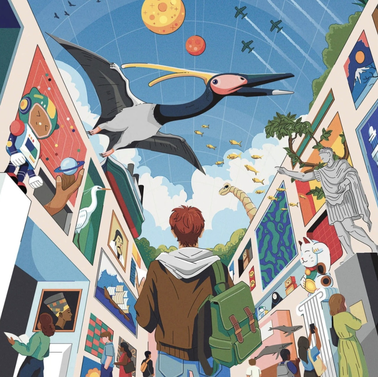 Illustration of a backpacked boy in an alley of framed art, with a large bird and surreal planets overhead