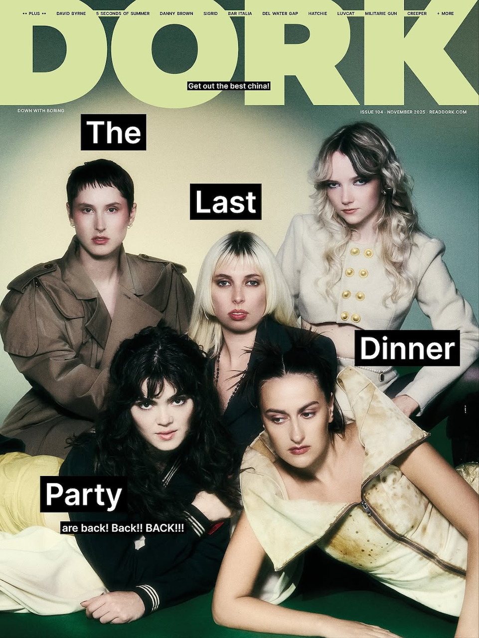 Five members of The Last Dinner Party on the cover of Dork magazine