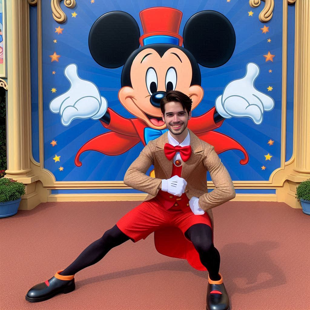 Costumed performer posing in front of Mickey Mouse backdrop