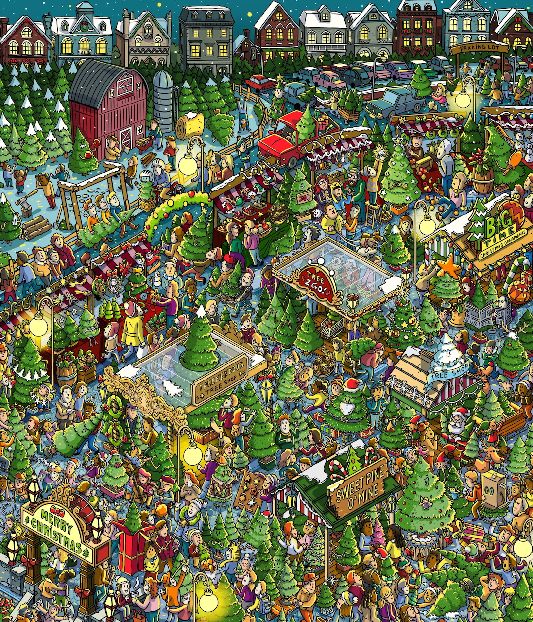 Detailed illustration of a bustling Christmas village with decorated trees, market stalls, and colorful European-style buildings