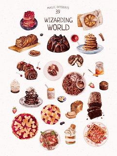 Watercolor illustration of assorted desserts including pies, cakes, cookies, chocolate treats, and pastries