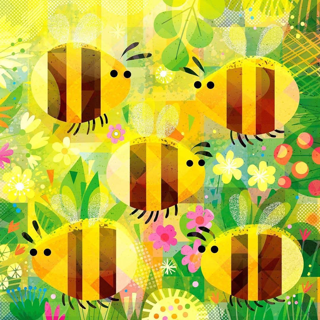 Five cartoon bees with yellow and brown stripes flying among colorful flowers and leaves on a bright green and yellow backdrop