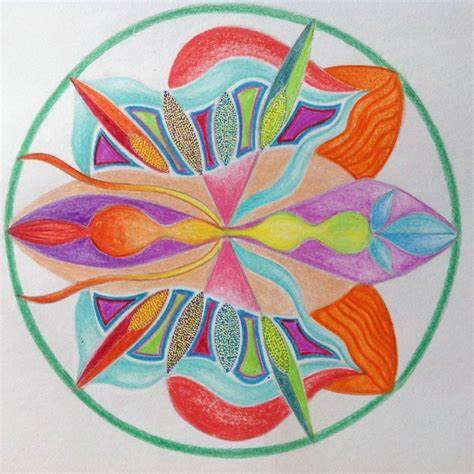 Hand-drawn colorful mandala with symmetrical petals in red, purple, orange, teal, and green