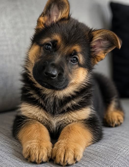 Cute German Shepherd puppy with black and tan markings sitting on a gray sofa tilting its head