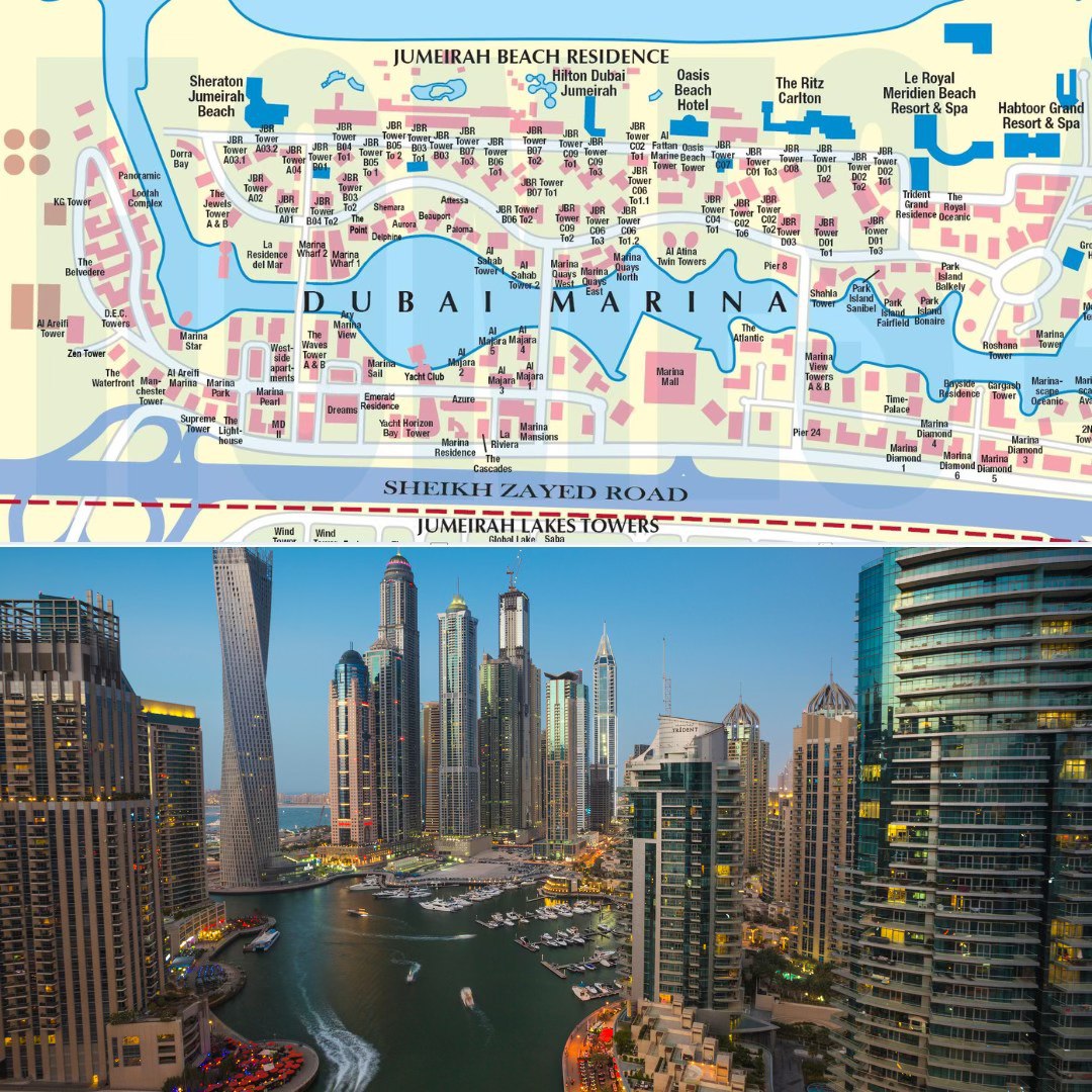 Dubai Marina collage with a labeled map on top and a skyline canal photo below