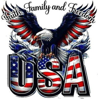 Patriotic illustration of a bald eagle over USA letters in red, white, and blue with Faith, Family and Freedom