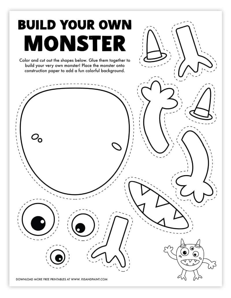 Black and white printable worksheet with monster body parts to cut out and assemble