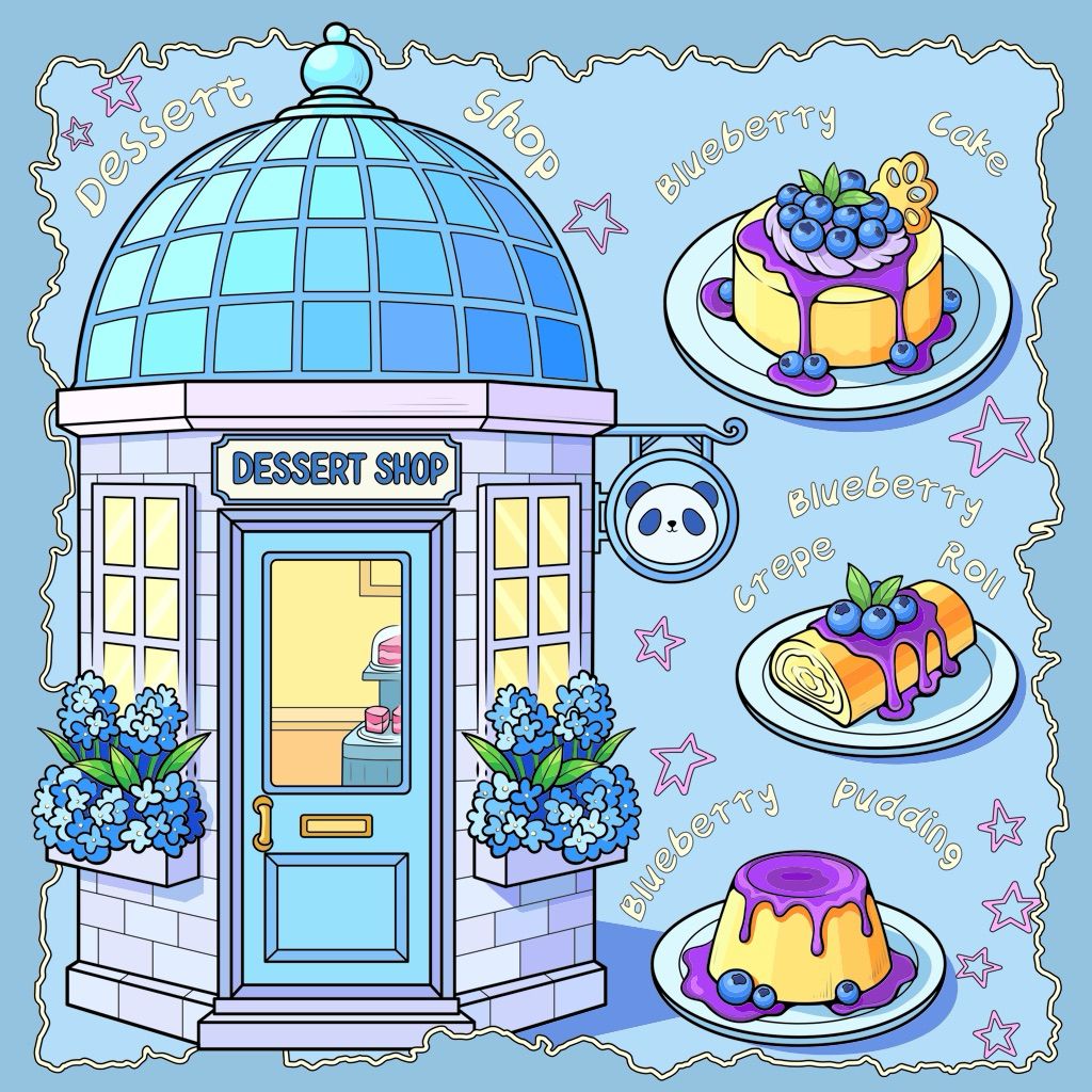 Cartoon dessert shop with blue dome and three illustrated cakes with berries