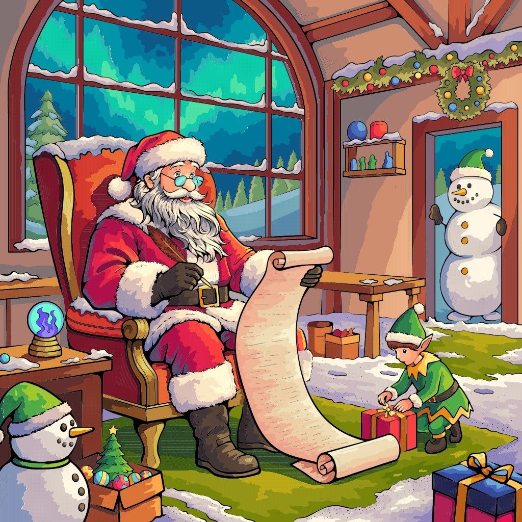 Cartoon Santa reading a long Christmas list with an elf nearby and snowmen outside the window