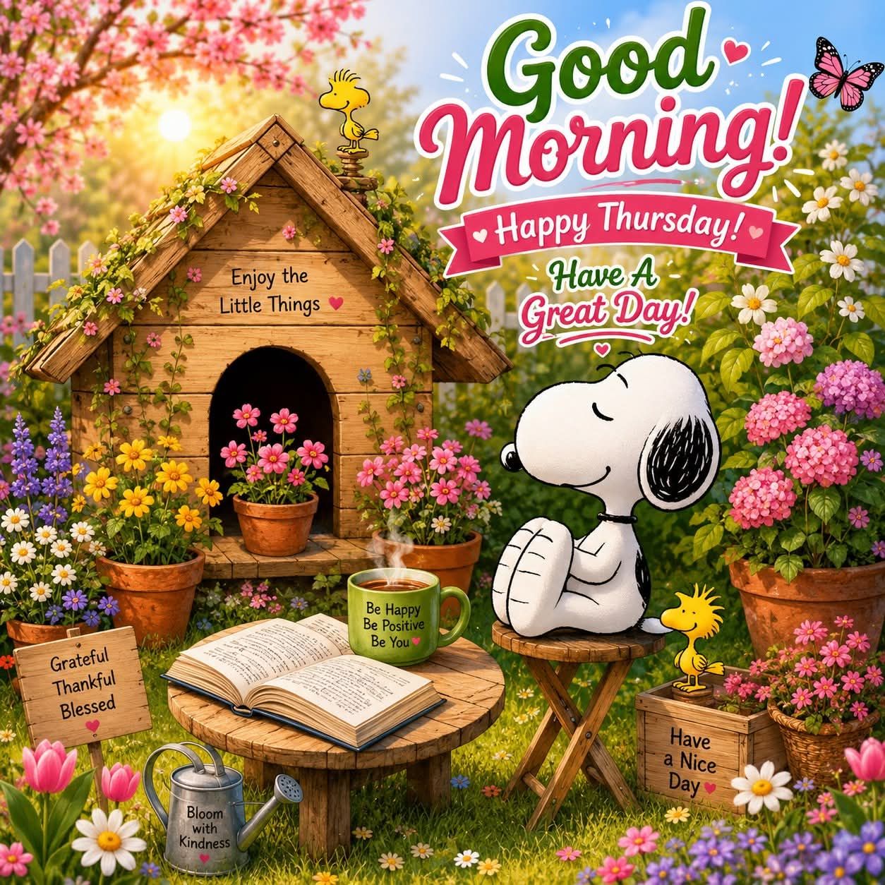 Snoopy character in vibrant flower garden with Good Morning text, birdhouse, book and coffee mug