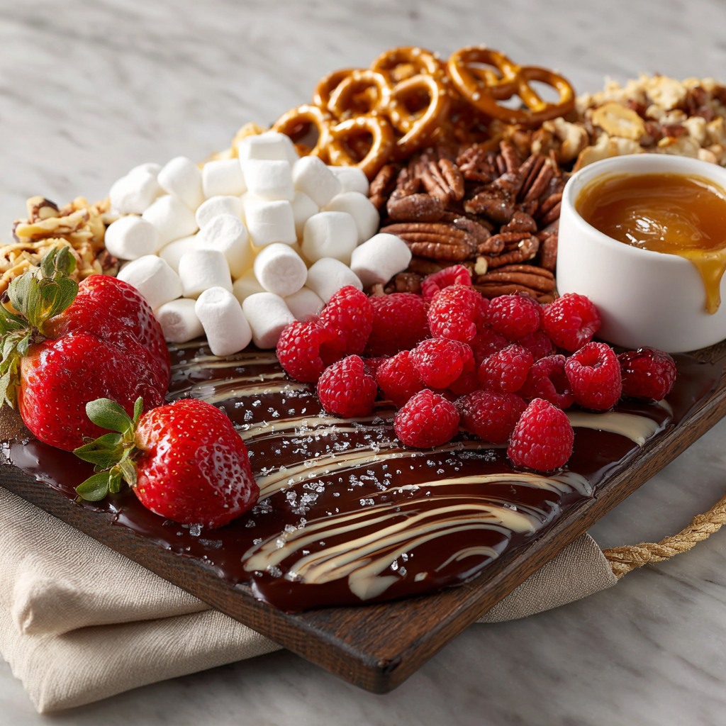 Dessert board with chocolate, strawberries, marshmallows, pretzels, nuts, and honey on wooden surface