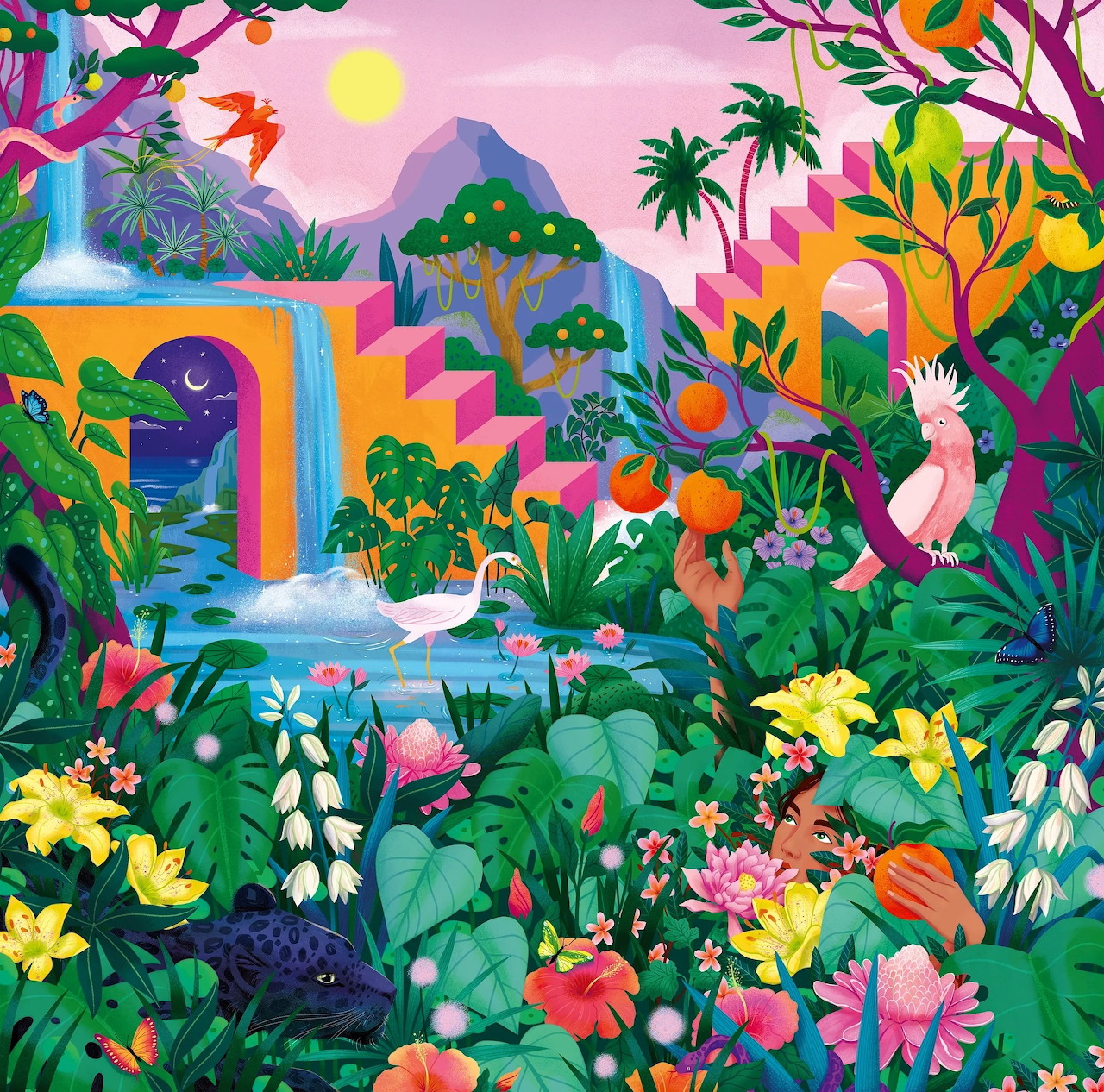 Colorful illustration of a tropical garden with flowers, birds, palms, and waterfalls under a pink sky